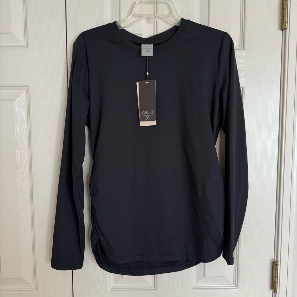 Calia LARGE Activewear Shirt Ruched Long Sleeve Black-NWT